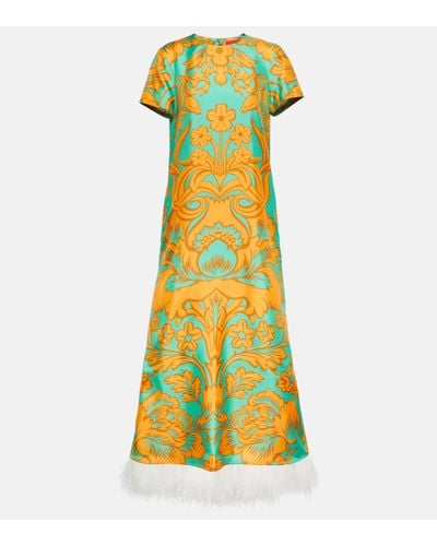 La DoubleJ Swing Feather-trimmed Printed Silk Maxi Dress - Yellow