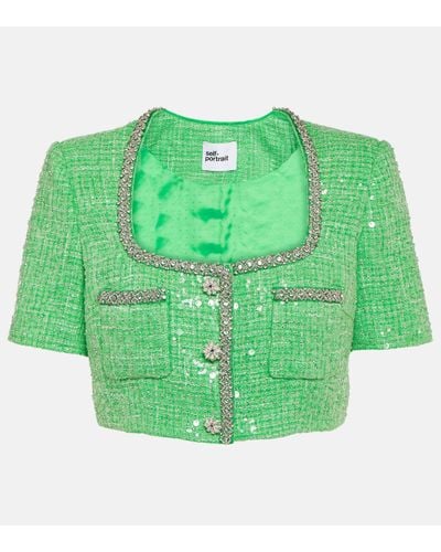 Self-Portrait Sequined Embellished Boucle Crop Top - Green