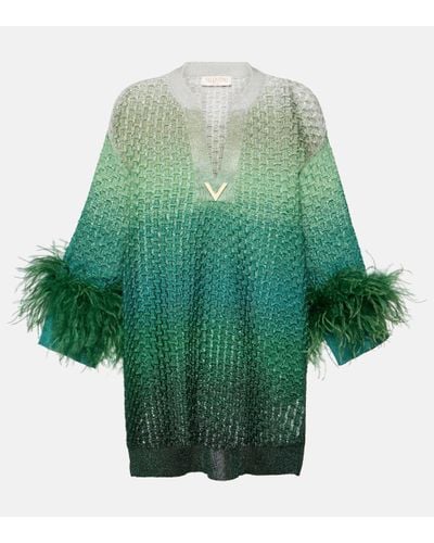 Valentino Vgold Feather-trimmed Lame Minidress - Green