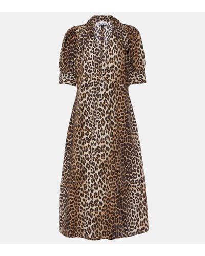 Ganni Leopard-print Cotton Poplin Midi Dress - Brown