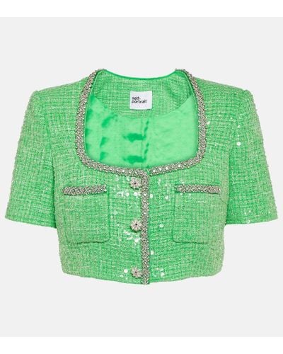 Self-Portrait Sequined Embellished Boucle Crop Top - Green