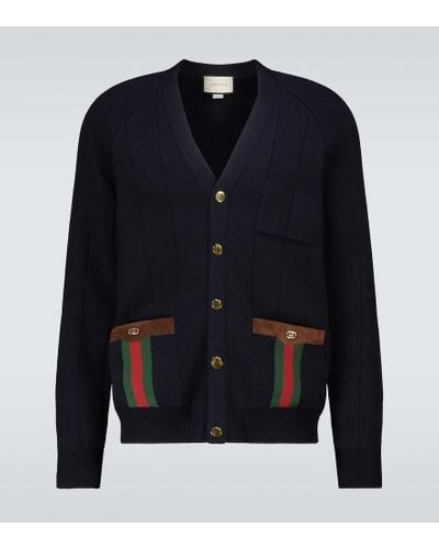 Gucci Cardigan in misto lana lavorata a maglia con nastro Web - Blu