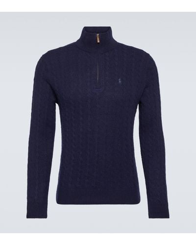 Polo Ralph Lauren Cable-knit Cotton And Wool Half-zip Jumper - Blue