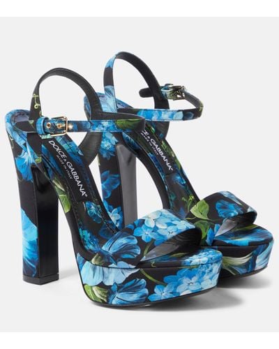 Dolce & Gabbana Floral Satin Platform Sandals - Blue