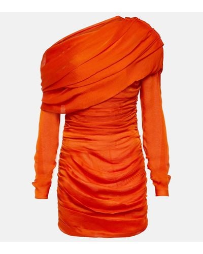 Saint Laurent One-shoulder Ruched Silk Minidress - Orange