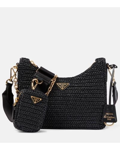 Prada Small Crochet Raffia Shoulder Bag - Black