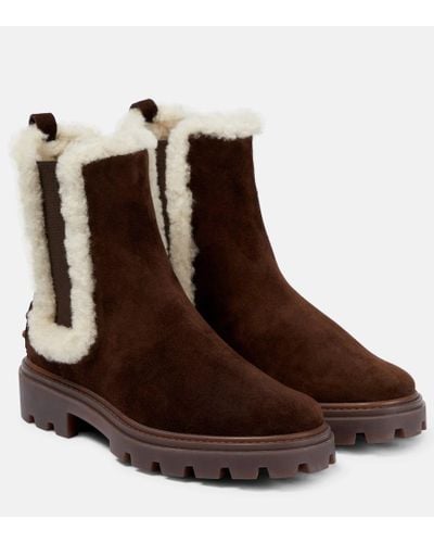 Tod's Shearling-trimmed Suede Chelsea Boots - Brown
