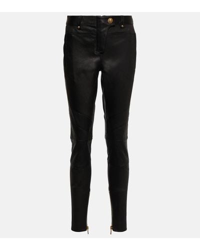 Balmain Pantalon skinny a taille basse en cuir - Noir