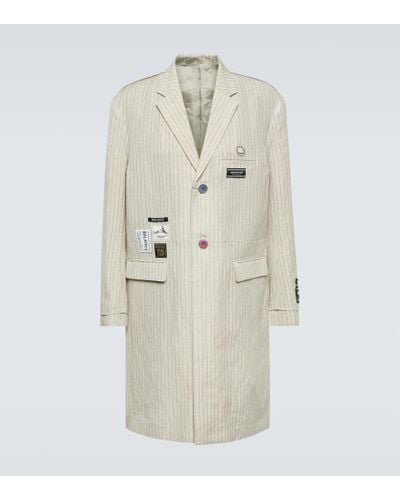 Undercover Applique Pinstripe Wool And Linen Coat - White