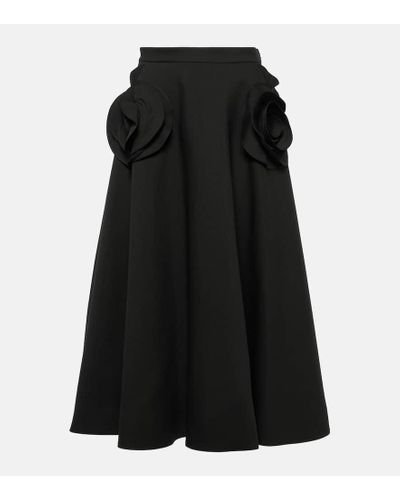 Valentino Floral-applique Wool And Silk Midi Skirt - Black
