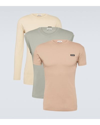 Miu Miu Set Of 3 Cotton Jersey T-shirts - Natural
