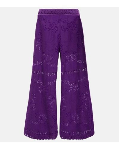 Valentino Embroidered Wide-leg Cotton-blend Trousers - Purple
