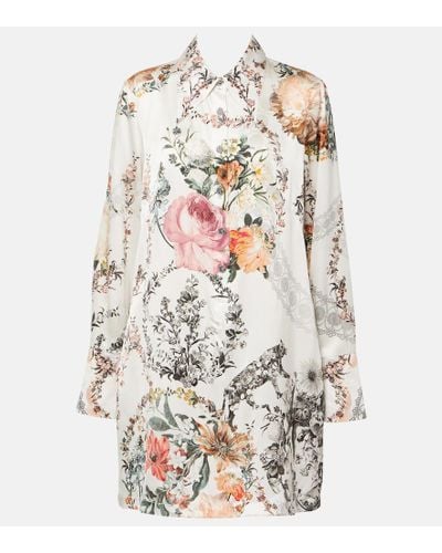Camilla Floral Silk Satin Shirt Dress - White