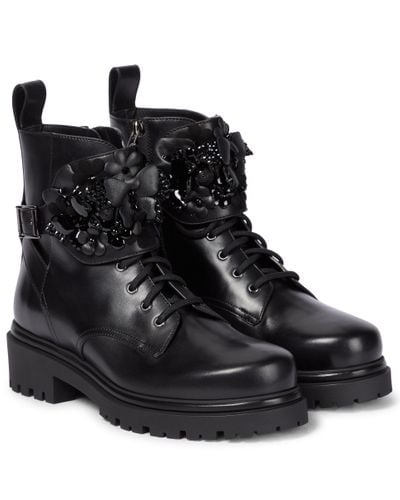 Rene Caovilla Embellished Leather Combat Boots - Black