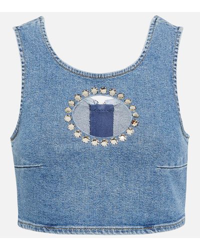 7 For All Mankind Embellished Denim Crop Top - Blue