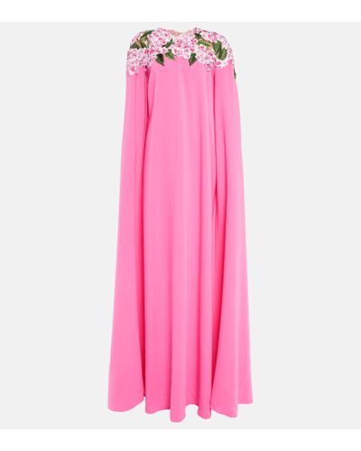 Oscar de la Renta Floral Embroidered Cape Gown - Pink