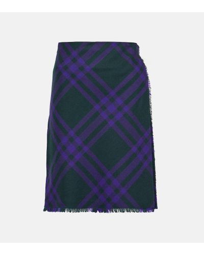 Burberry Checked Wool Wrap Skirt - Blue