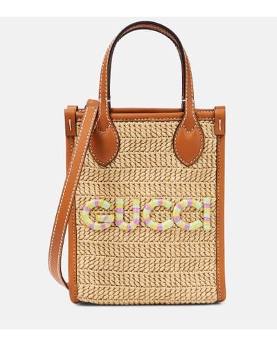 Gucci Mini Logo Raffia Tote Bag - Brown