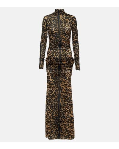 Blumarine Leopard-print Floral-applique Maxi Dress - Natural