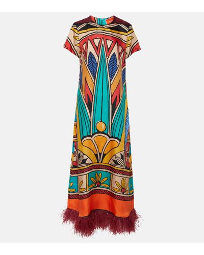La DoubleJ Robe longue en soie à imprimé et plumes - Multicolore