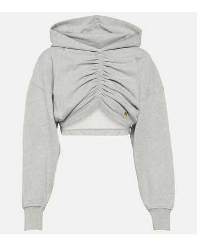 Palm Angels Cropped Cotton Jersey Hoodie - Grey