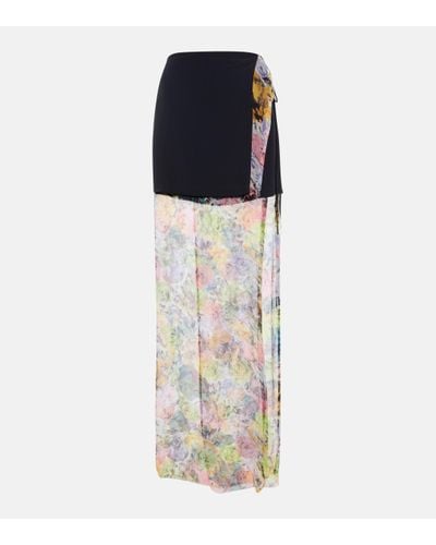 Dries Van Noten Jupe midi en soie melangee a fleurs - Bleu