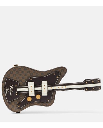 Balmain Guitar Monogram Leather-trimmed Clutch - Brown