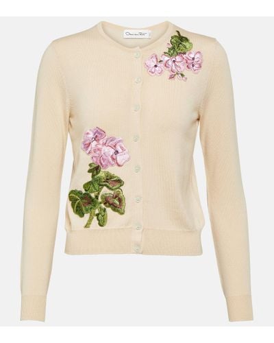 Oscar de la Renta Floral Embroidered Virgin Wool Cardigan - Natural