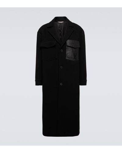 Valentino Leather-trimmed Wool Overcoat - Black