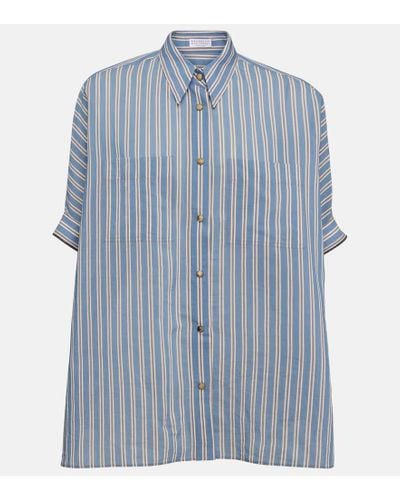 Brunello Cucinelli Camisa oversized de algodon y seda a rayas - Azul