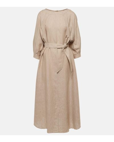 Loro Piana Belted Linen Midi Dress - Natural