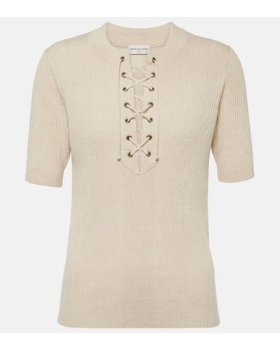 Dries Van Noten Lace-up Ribbed-knit Wool-blend Top - Natural