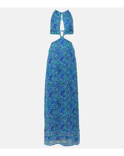 RIXO London Lenny Printed Cutout Maxi Dress - Blue