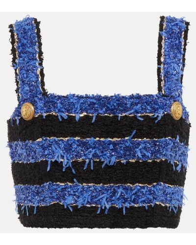 Balmain Crop top de tweed a rayas - Azul