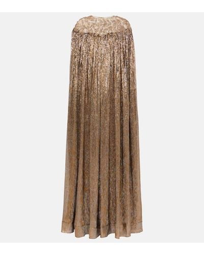 Oscar de la Renta Embellished Gathered Lame Gown - Natural