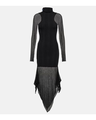 Mugler Asymmetric Ribbed-knit Midi Dress - Black