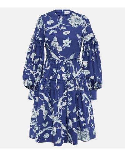 Erdem Mini-robe En Popeline De Coton À Imprimé Fleuri Et À Fronces - Bleu