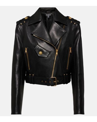 Balmain Cropped Leather Biker Jacket - Black