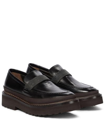 Brunello Cucinelli Embellished Leather Loafers - Black