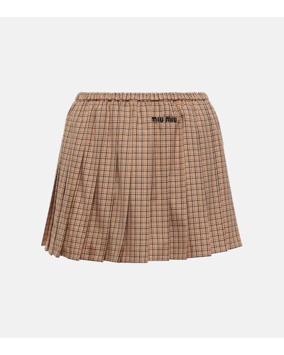 Miu Miu Logo Pleated Checked Cotton Miniskirt - Brown