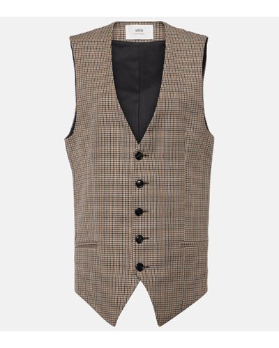 Ami Paris Houndstooth Virgin Wool Vest - Grey