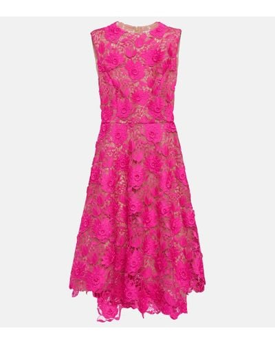 Oscar de la Renta Belted Guipure Lace Midi Dress - Pink