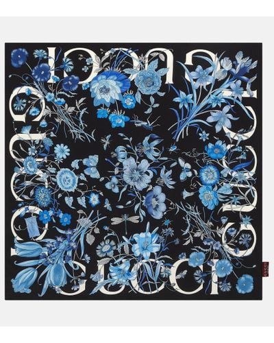 Gucci Foulard en soie a fleurs - Bleu