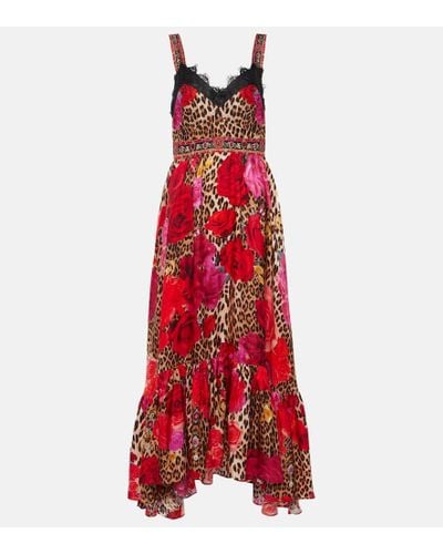 Camilla Leopard-print Floral Silk Midi Dress - Red