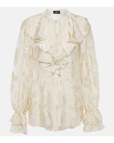 Etro Ruffled Floral Silk-crepon Blouse - Natural
