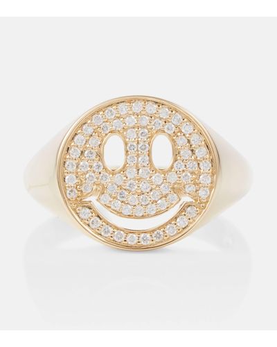 Sydney Evan Happy Face 14kt Yellow Gold Signet Ring With Diamonds - Metallic