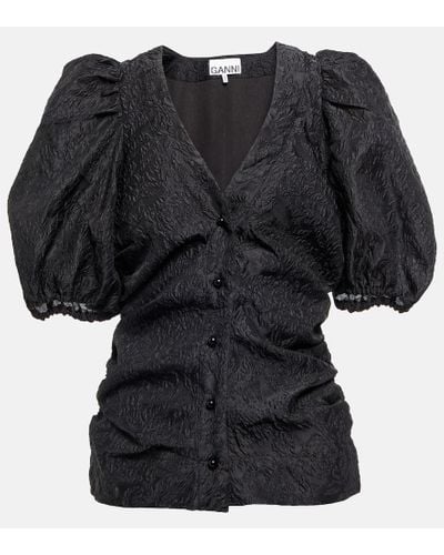 Ganni Jacquard-knit V-neck Blouse - Black