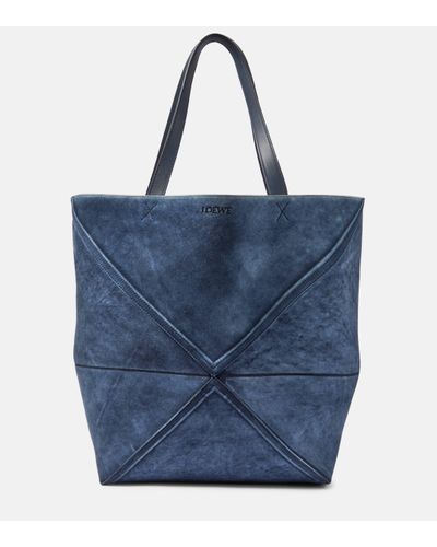 Loewe Cabas Puzzle Fold Large en daim - Bleu