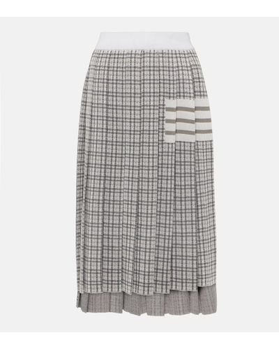 Thom Browne Checked Pleated Silk And Cotton Midi Skirt - Grey