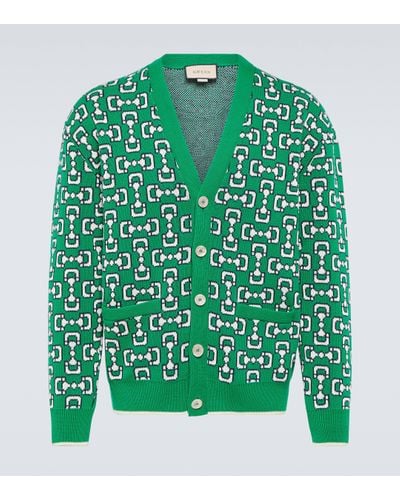 Gucci Horsebit Jacquard Cotton Pique Cardigan - Green